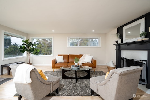 living room with a high end fireplace and light hardwood / wood-style floors