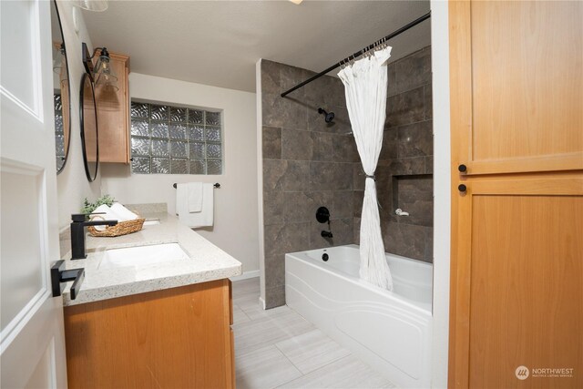 4109 N Huson St, Tacoma, WA 98407 - full bathroom with vanity, baseboards, shower / bathtub combination with curtain, and tile patterned floors