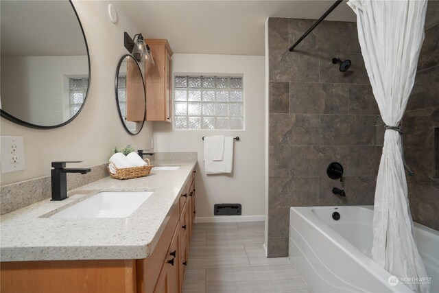 4109 N Huson St, Tacoma, WA 98407 - bathroom with baseboards, shower / tub combo with curtain, a sink, tile patterned floors, and double vanity