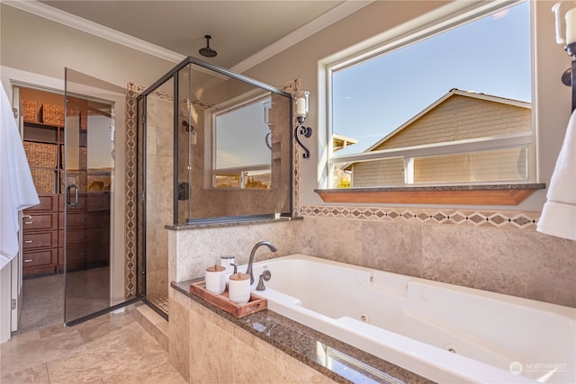 bathroom featuring plus walk in shower and crown molding