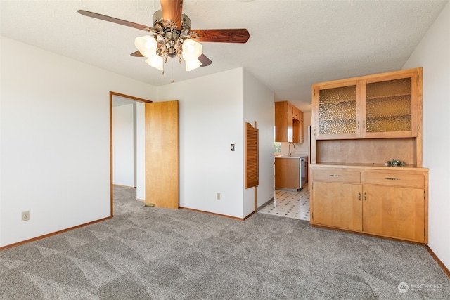 interior space with a textured ceiling and light colored carpet