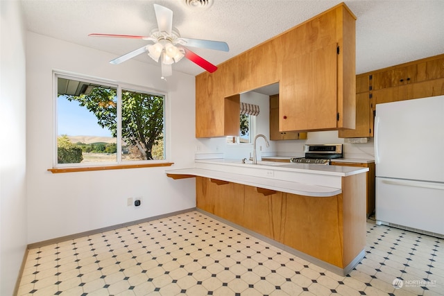 kitchen featuring sink, kitchen peninsula, a kitchen breakfast bar, stainless steel range oven, and white fridge