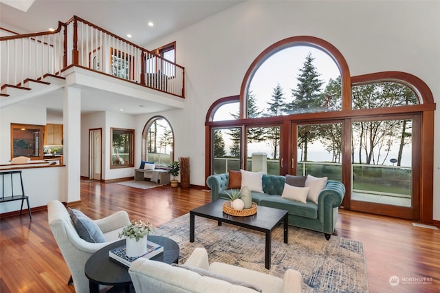 living room with a wealth of natural light, hardwood / wood-style floors, and high vaulted ceiling