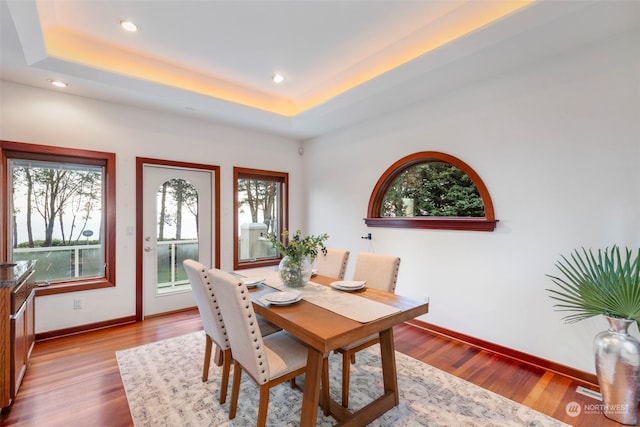 dining area featuring light wood-type flooring, a tray ceiling, and plenty of natural light