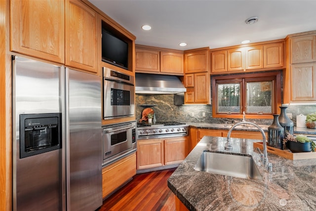 kitchen featuring tasteful backsplash, dark stone counters, stainless steel appliances, sink, and dark hardwood / wood-style floors