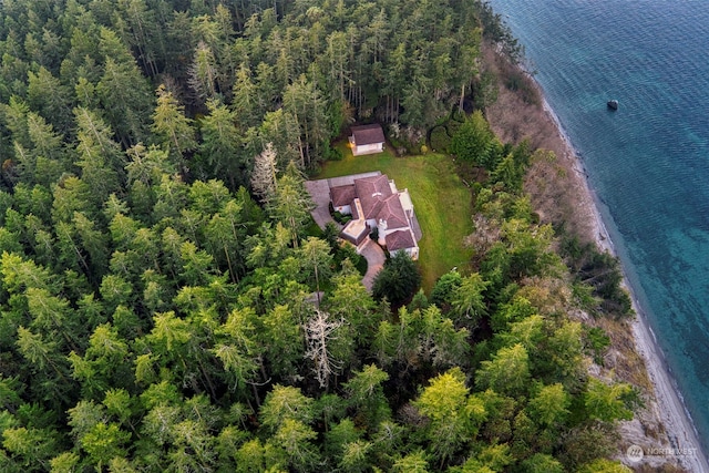 drone / aerial view with a water view and a beach view