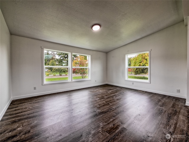 unfurnished room featuring lofted ceiling, a textured ceiling, and dark wood-type flooring