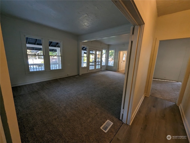 spare room featuring french doors and dark hardwood / wood-style floors