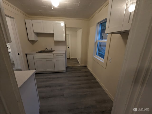 kitchen with white cabinets, sink, ornamental molding, dark hardwood / wood-style flooring, and light stone counters