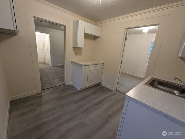 clothes washing area with crown molding, sink, and dark hardwood / wood-style floors