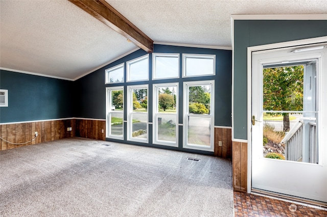 interior space with wood walls, a textured ceiling, and a wealth of natural light