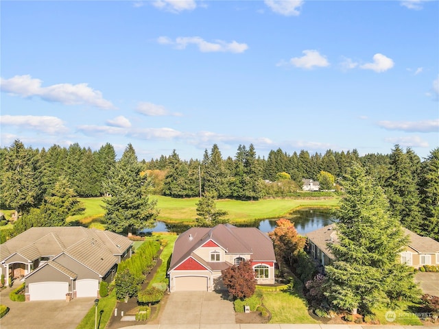 birds eye view of property featuring a water view