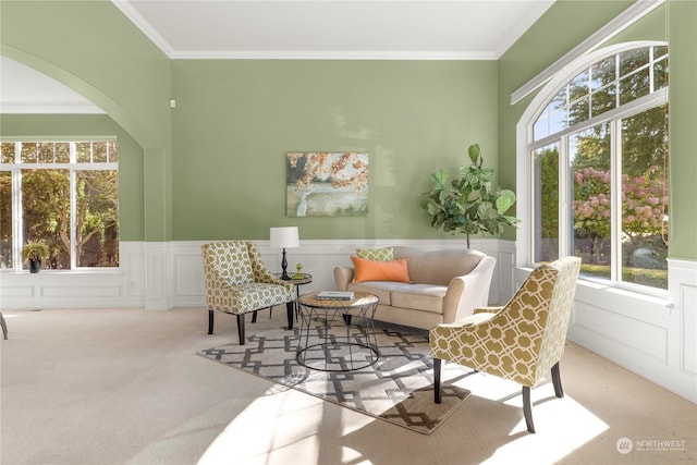 sitting room featuring light carpet, a wealth of natural light, and crown molding