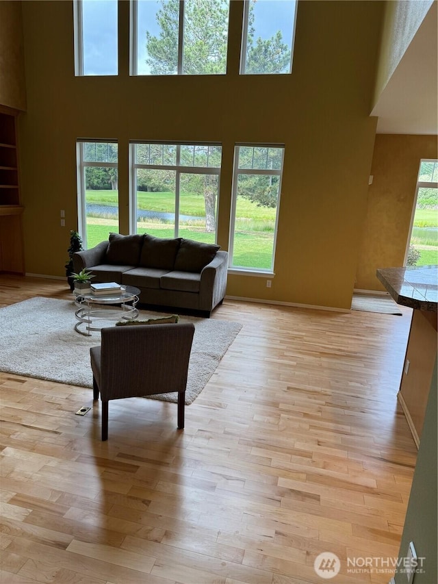 6036 Troon Ln SE, Olympia, WA 98501 - living room featuring a high ceiling, light wood-style flooring, and baseboards
