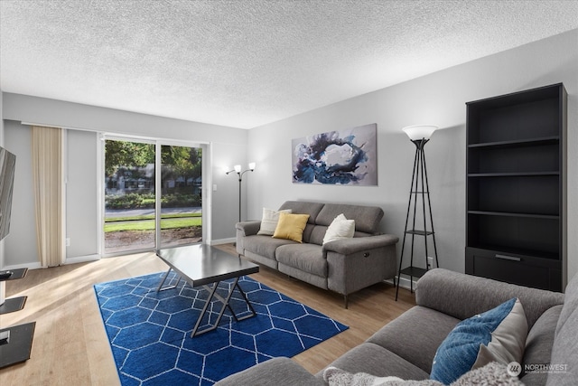 living room featuring wood-type flooring and a textured ceiling