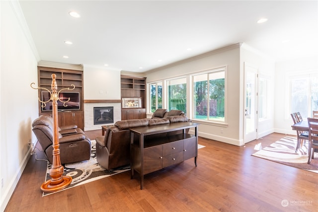 living room featuring hardwood / wood-style floors and crown molding