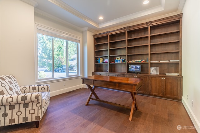 office with a tray ceiling, crown molding, and dark hardwood / wood-style flooring