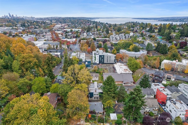 drone / aerial view featuring a water view