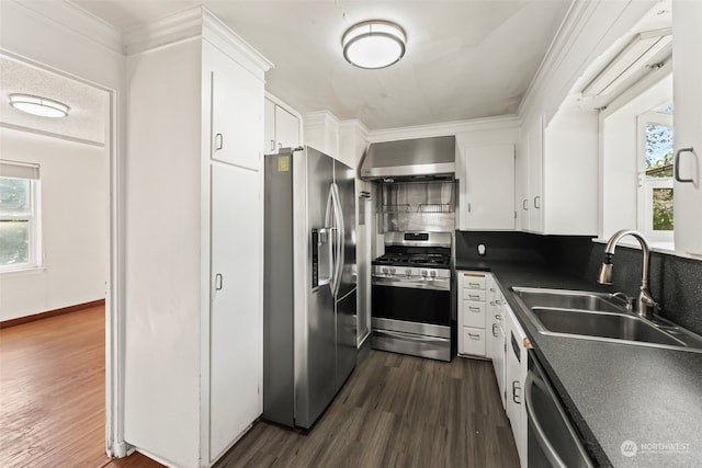 kitchen featuring white cabinetry, wall chimney exhaust hood, dark hardwood / wood-style flooring, stainless steel appliances, and sink