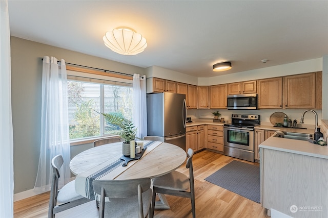 kitchen with stainless steel appliances, light hardwood / wood-style floors, and sink