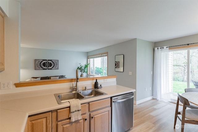 kitchen with sink, stainless steel dishwasher, and light hardwood / wood-style floors