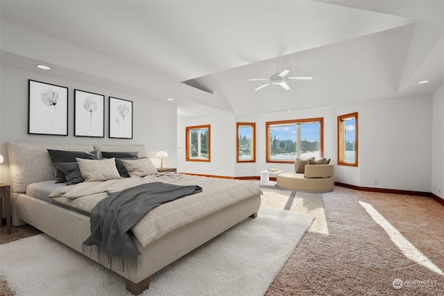 bedroom featuring ceiling fan, carpet floors, and lofted ceiling