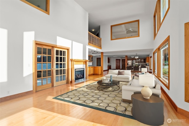 living room with wood-type flooring and a high ceiling