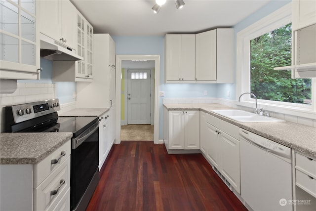 kitchen featuring white cabinets, sink, dishwasher, dark hardwood / wood-style floors, and electric range