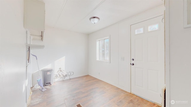 foyer entrance with light wood-style floors, a healthy amount of sunlight, and baseboards
