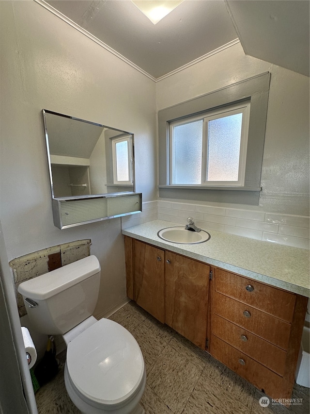 bathroom featuring backsplash, vanity, and toilet