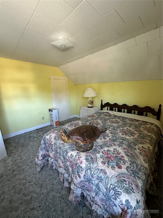 bedroom featuring carpet floors and vaulted ceiling