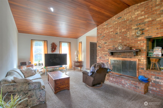 carpeted living room with wood ceiling, a fireplace, and lofted ceiling