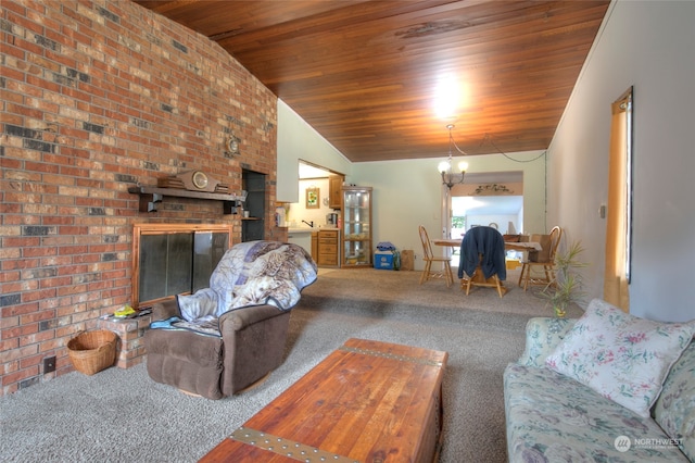 living room featuring a brick fireplace, vaulted ceiling, carpet, and wooden ceiling