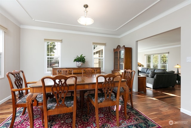 dining room featuring dark hardwood / wood-style floors, crown molding, and a healthy amount of sunlight