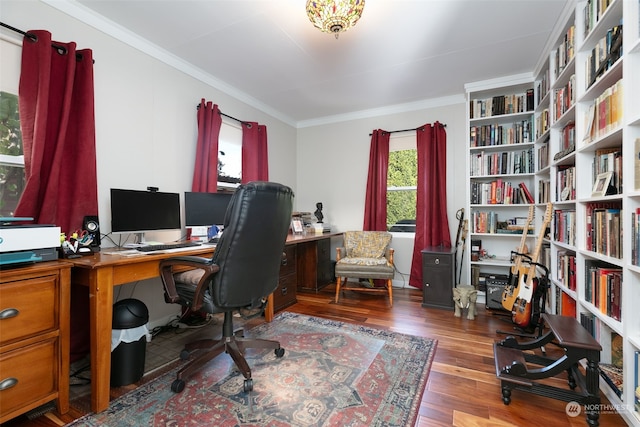 office featuring crown molding and hardwood / wood-style floors