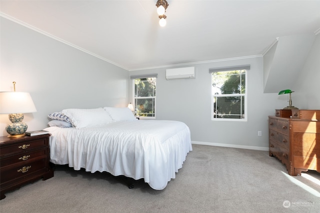 carpeted bedroom featuring multiple windows, crown molding, and a wall mounted AC