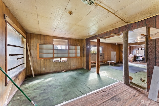 interior space featuring carpet floors and wood walls