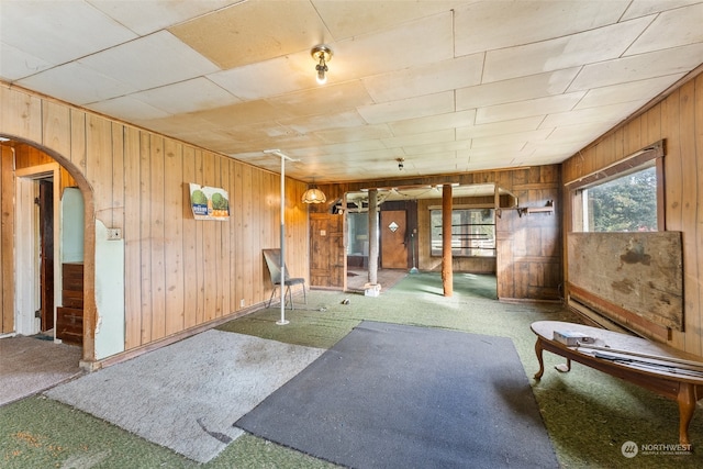 miscellaneous room featuring carpet floors and wooden walls