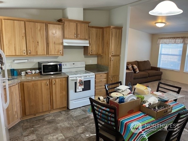 1257 Arkansas Dr, Walla Walla, WA 99362 - kitchen with white electric range, under cabinet range hood, stainless steel microwave, light countertops, and stone finish floors