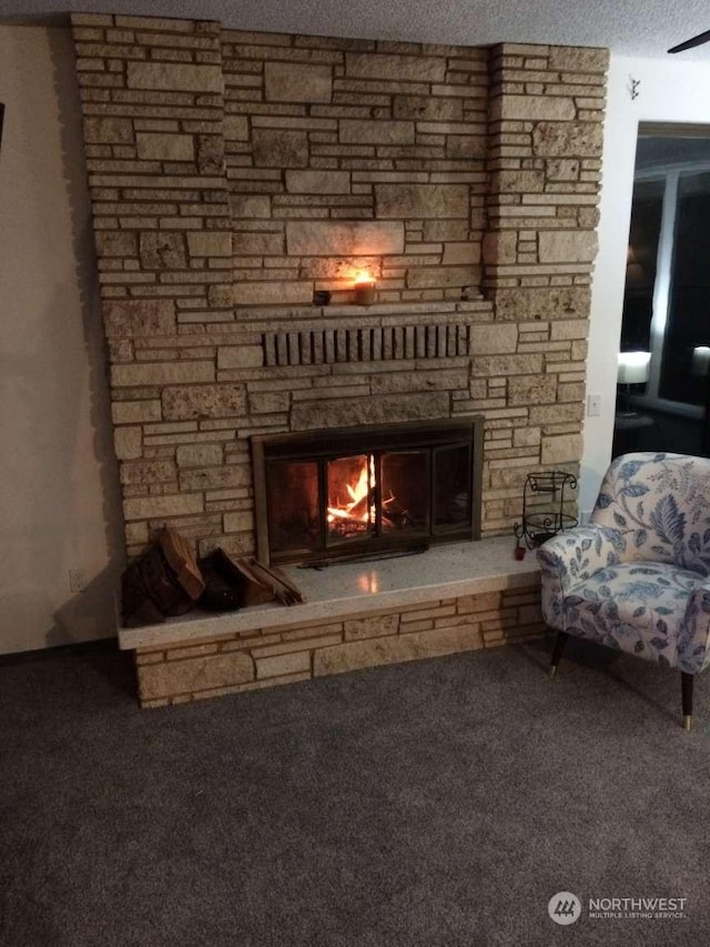 details with a textured ceiling, carpet floors, and a stone fireplace