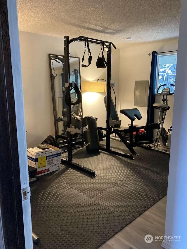 exercise area featuring a textured ceiling, electric panel, and hardwood / wood-style floors