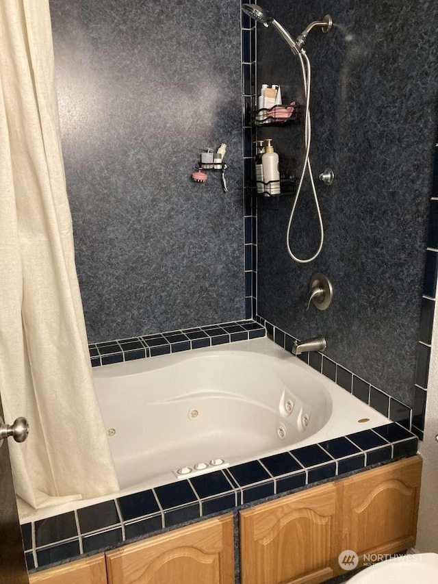 bathroom with shower / bathtub combination with curtain