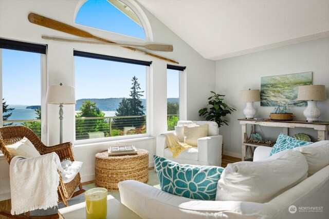 interior space with lofted ceiling, a water view, and hardwood / wood-style flooring