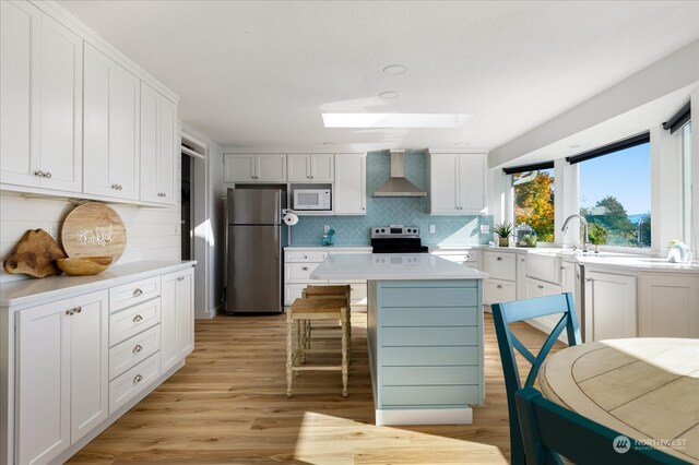 kitchen featuring wall chimney exhaust hood, a kitchen island, appliances with stainless steel finishes, and white cabinets