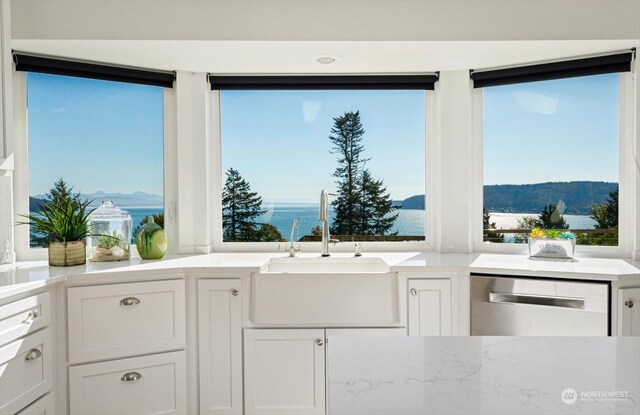 kitchen featuring stainless steel dishwasher, white cabinetry, a water and mountain view, and plenty of natural light