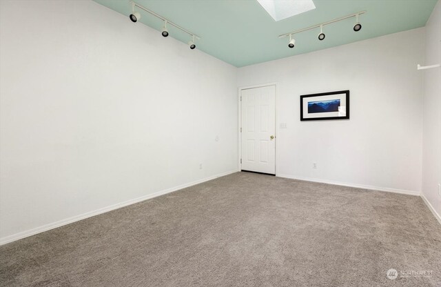 carpeted spare room featuring a skylight and track lighting