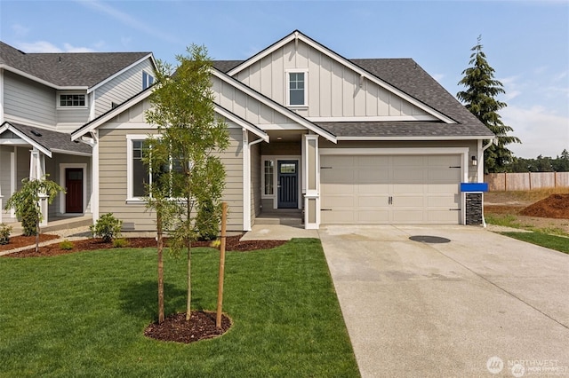 view of front of house with driveway, roof with shingles, a front lawn, a garage, and board and batten siding