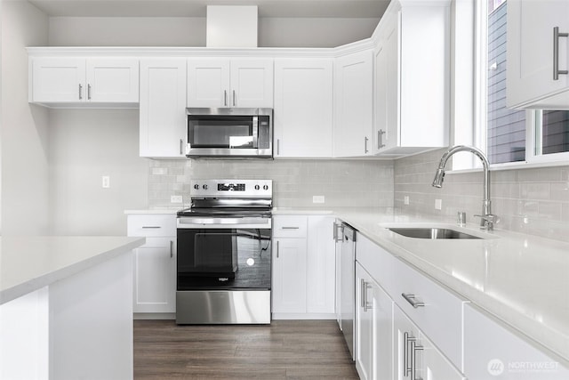 14727 88th Way SE Unit 18, Yelm, WA 98597 - kitchen with a sink, stainless steel appliances, white cabinetry, dark wood-type flooring, and light countertops