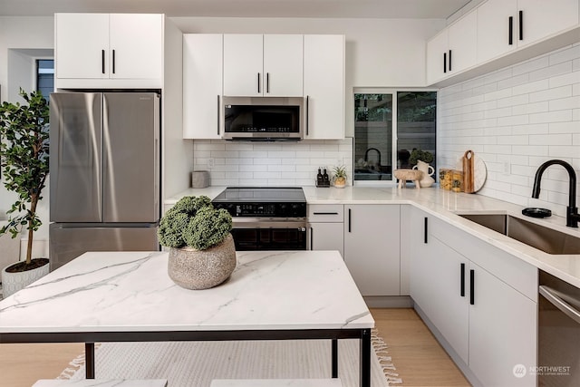 kitchen featuring backsplash, appliances with stainless steel finishes, sink, and white cabinetry