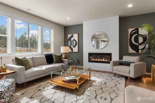 living room featuring a fireplace and hardwood / wood-style flooring